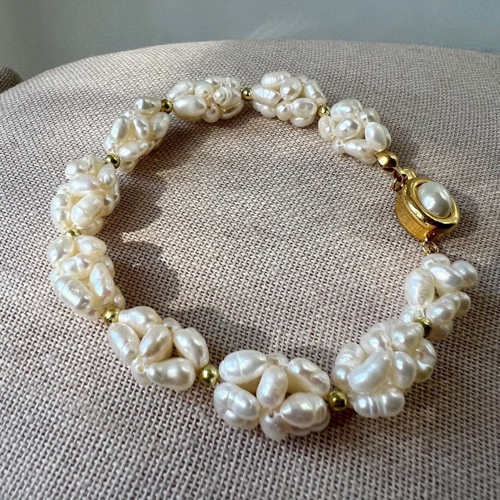 Vintage 50s Style Mcm Gold Tone Cluster Fashion Pearl Costume Bracelet